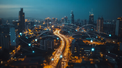 Obraz premium Smart digital city with connection cyber security network reciprocity over the cityscape . future smart wireless digital city and social media networking systems that connects people within the city