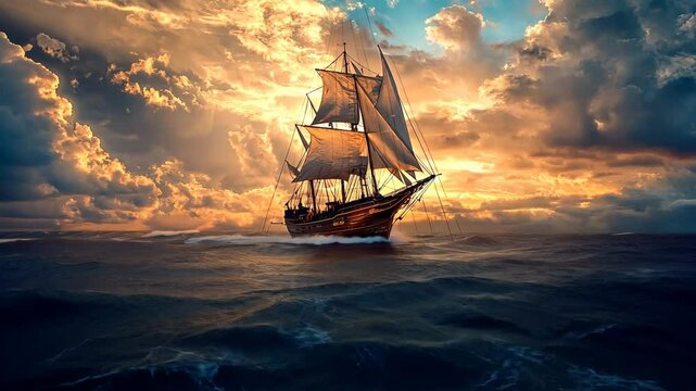Majestic sailing ship navigating a dramatic ocean sunset.
