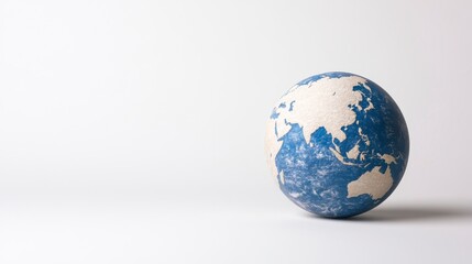 Obraz premium A simple globe showcasing continents in blue and beige, symbolizing Earth and geography against a minimalistic white background.