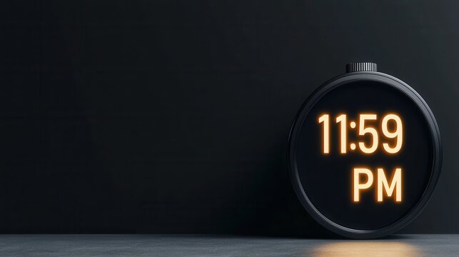 New Year and countdown year end concept. Clock displaying 11:59 PM against a dark background