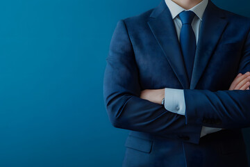 A businessman in a blue suit with arms crossed against a blue background.