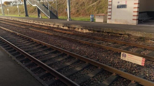 Train station platform with empty tracks on a calm morning in Montrichard