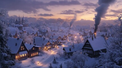 Cozy Winter Village Scene with Snow-covered Houses at Dusk