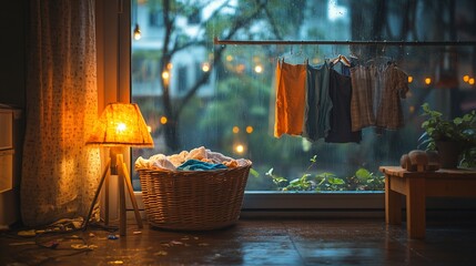 Rainy day indoor scene with laundry drying near window, lamp, and basket.