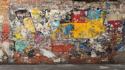 Fototapeta premium Vibrant Urban Wall Texture with Colorful Layers of Paint, Graffiti, and Weathered Brick Showing Artistic Expression and Urban Decay in a Captivating Composition