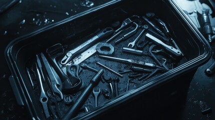Fototapeta premium Dark Moody Toolbox: A Collection of Steel Tools