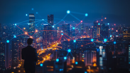 Obraz premium Smart digital city with connection cyber security network reciprocity over the cityscape . future smart wireless digital city and social media networking systems that connects people within the city