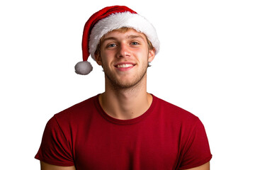 smiling man in red santa hat on white background