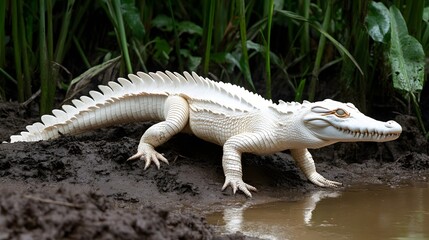 Obraz premium Albino Crocodile Crawls Near Water In Swamp