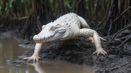 Obraz premium Albino Alligator Emerging From Mangrove Swamp