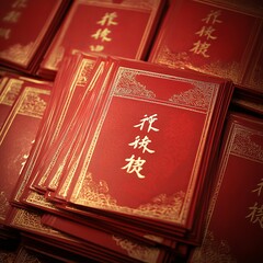 Fototapeta premium Stack of Red Chinese Books with Gold Lettering and Ornate Designs