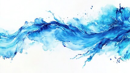 Beautiful watercolor splash depicting flowing water, showcasing vibrant blue hues and dynamic movement against a white background