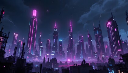Futuristic cityscape at night with glowing neon lights and digital beams.