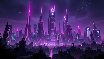 Futuristic cityscape at night with glowing neon lights and digital beams.