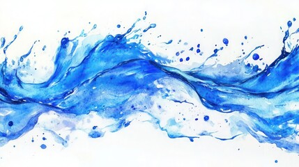 Beautiful watercolor splash depicting flowing water, showcasing vibrant blue hues and dynamic movement against a white background