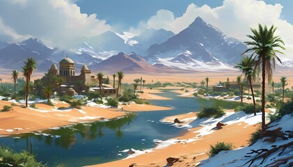 Naklejka premium Exploring the peaceful oasis landscape with lush palm trees and serene waterways in a desert environment under majestic mountain peaks