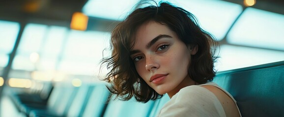 Serene Young Woman with Short Brown Hair in Modern Setting