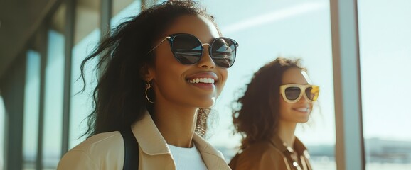 Two Happy Diverse Women Friends Traveling, Wearing Sunglasses, Looking at View Through Window