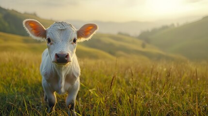 Obraz premium White Calf Standing in a Sunny Grassy Field