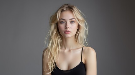 Naklejka premium Beautiful woman on gray background. Beauty portrait. Natural beauty. Beautiful young woman with clean fresh skin. Face care, Facial treatment, cosmetology, beauty and spa.