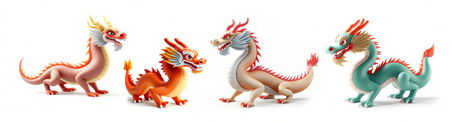 Fototapeta premium Four Colorful Chinese Dragons Figurines on White Background: A Collection of Mythical Creatures