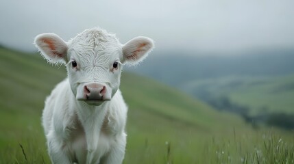 Obraz premium Adorable White Calf in Green Pastoral Landscape