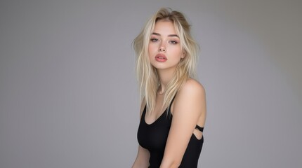 Fototapeta premium Beautiful woman on gray background. Beauty portrait. Natural beauty. Beautiful young woman with clean fresh skin. Face care, Facial treatment, cosmetology, beauty and spa.
