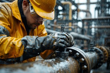 A dedicated worker repairs a pipeline in an industrial setting during heavy rain, showcasing resilience and focus.