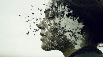Ethereal Woman with Butterfly and Forest Overlay Symbolizing Transformation and Freedom in Nature's Embrace, Capturing the Essence of Serenity and Growth