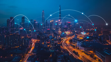 Smart digital city with connection cyber security network reciprocity over the cityscape . future smart wireless digital city and social media networking systems that connects people within the city