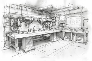 Obraz premium A detailed sketch of a woodworking workshop filled with tools and machinery, depicting a creative workspace.