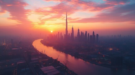 Fototapeta premium Sunset over a city skyline with a river.
