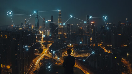 Smart digital city with connection cyber security network reciprocity over the cityscape . future smart wireless digital city and social media networking systems that connects people within the city