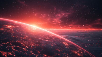 Obraz premium Cosmic landscape with glowing planet and stars.