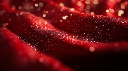Glimmering Red Fabric with Sparkles and Soft Waves in Close-Up