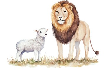 Lion and Lamb Watercolor Painting: Majestic Wildlife Art, Peaceful Coexistence, Serene Nature Scene, Gentle Animals Together, Captivating Artwork, Stunning Visual,