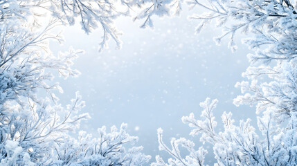 A serene winter scene framed by frosty branches, with gentle snowfall in a pale blue sky.
