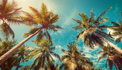 Looking Up At Blue Sky And Palm Trees, View From Below, Vintage Style, Tropical Beach And Summer Background, Travel Concept, Palm Tree In The Sun.