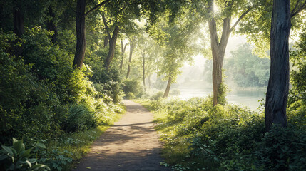 Obraz premium Peaceful Tranquil Forest Path - Dreamy Nature Scene for Calming Wallpaper or Background