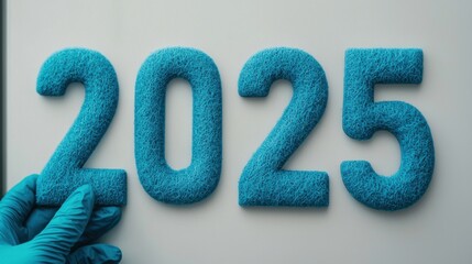 A hand adjusts the vibrant turquoise numbers "2025" on a white background, symbolizing a future year or event.