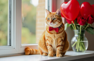 A red-haired cat in a red bow tie sits on the windowsill next to a vase with red roses and red balloons in the shape of a heart. The concept of Valentine's Day