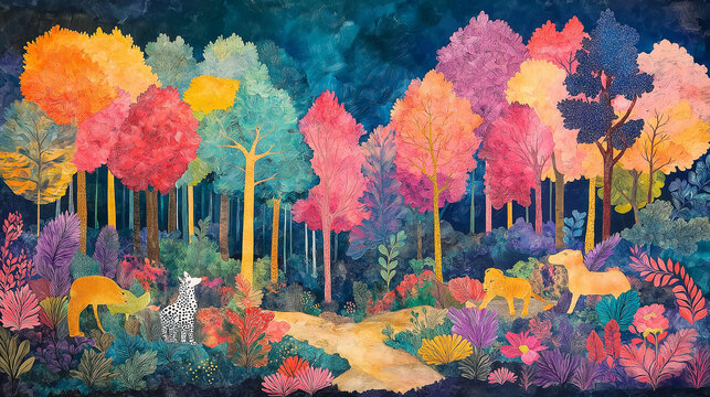 Save the Forests. A colorful painting of a vibrant forest being saved from logging, with animals cheering. Ecology, kids' painting, save forests