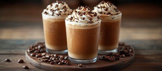 Three iced coffee drinks with whipped cream and chocolate shavings.