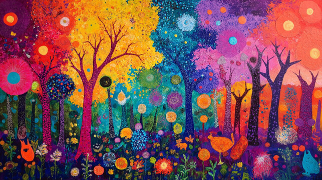 Save the Forests. A colorful painting of a vibrant forest being saved from logging, with animals cheering. Ecology, kids' painting, save forests