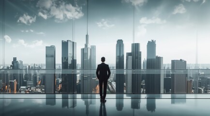 Business man standing near cityscape. The concept of business, city life and future. Business technology panorama. Businessman on future city background and futuristic skyscrapers.