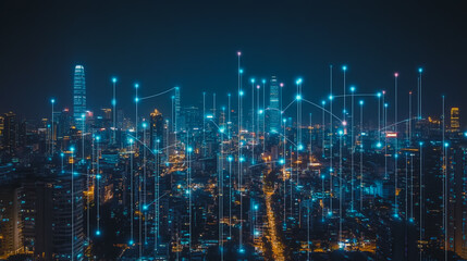 Smart digital city with connection cyber security network reciprocity over the cityscape . future smart wireless digital city and social media networking systems that connects people within the city