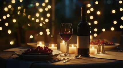 Romantic Dinner Setting with Wine, Candlelight and Fresh Grapes