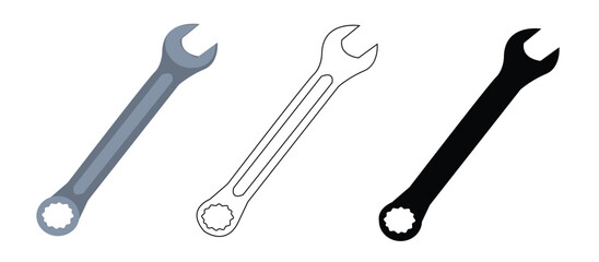 Wrench tool icon. Colorful filled line, glyph, and outline versions, and filled vector signs. Symbol illustration, . Icon set with different styles.