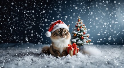 Cat in Santa hat on Christmas tree. Funny Cat in red Santa hat with Christmas gift on winter snow greeting card. Cat in Christmas Santa hat near Christmas tree on snow winter outdoor. New Year banner.