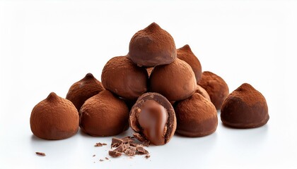 A pyramid of decadent chocolate truffles, dusted with cocoa powder, sits against a white background.